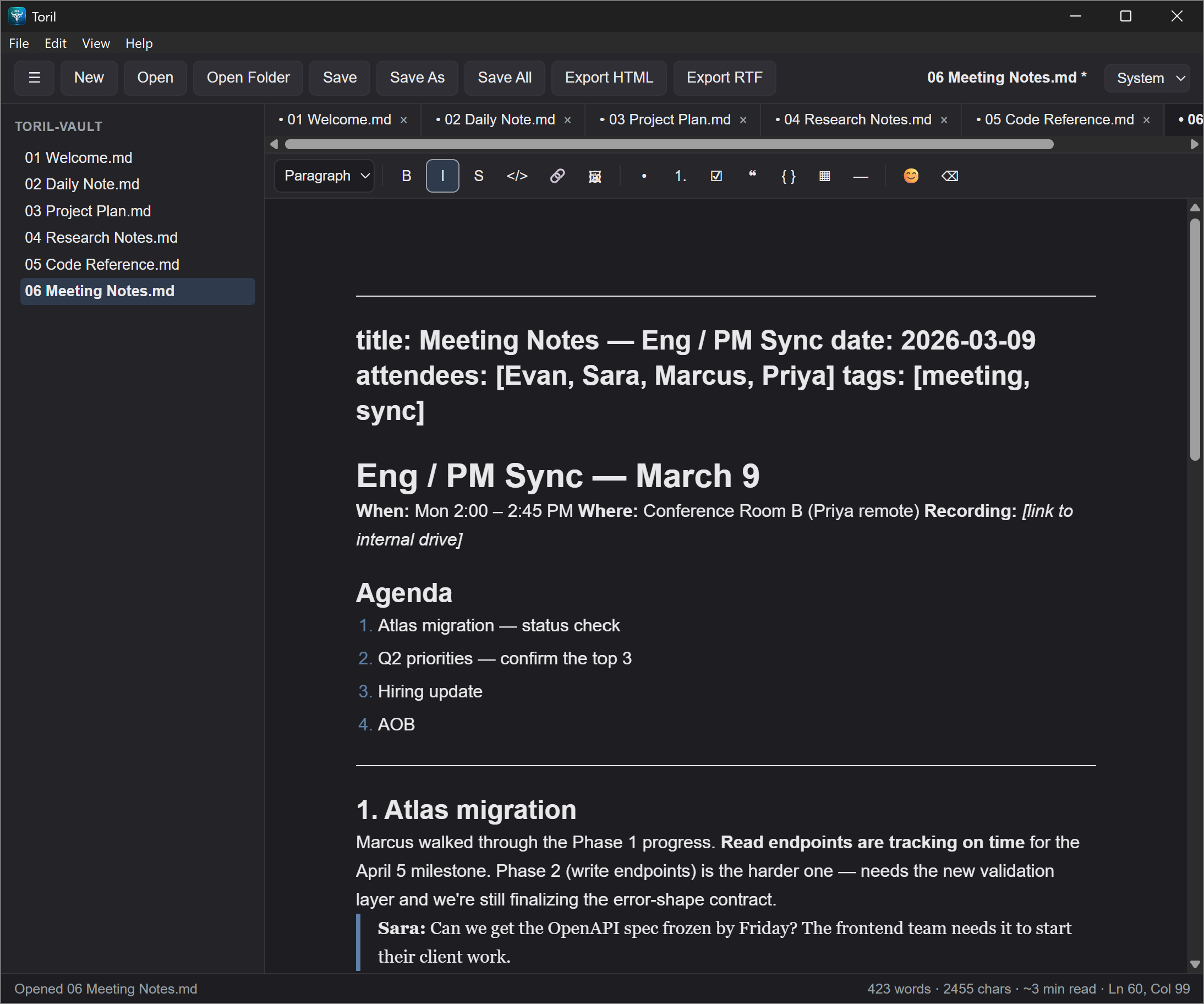Toril editing a Markdown document: a workspace sidebar on the left, a document tab bar, and headings, lists and code rendered inline in the editor.